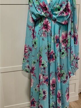 Meghan LA Turquoise Floral Maxi Dress with Pink Blooms